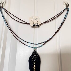 Multicolor Beaded Necklace with Feather Pendant and classy black Earrings